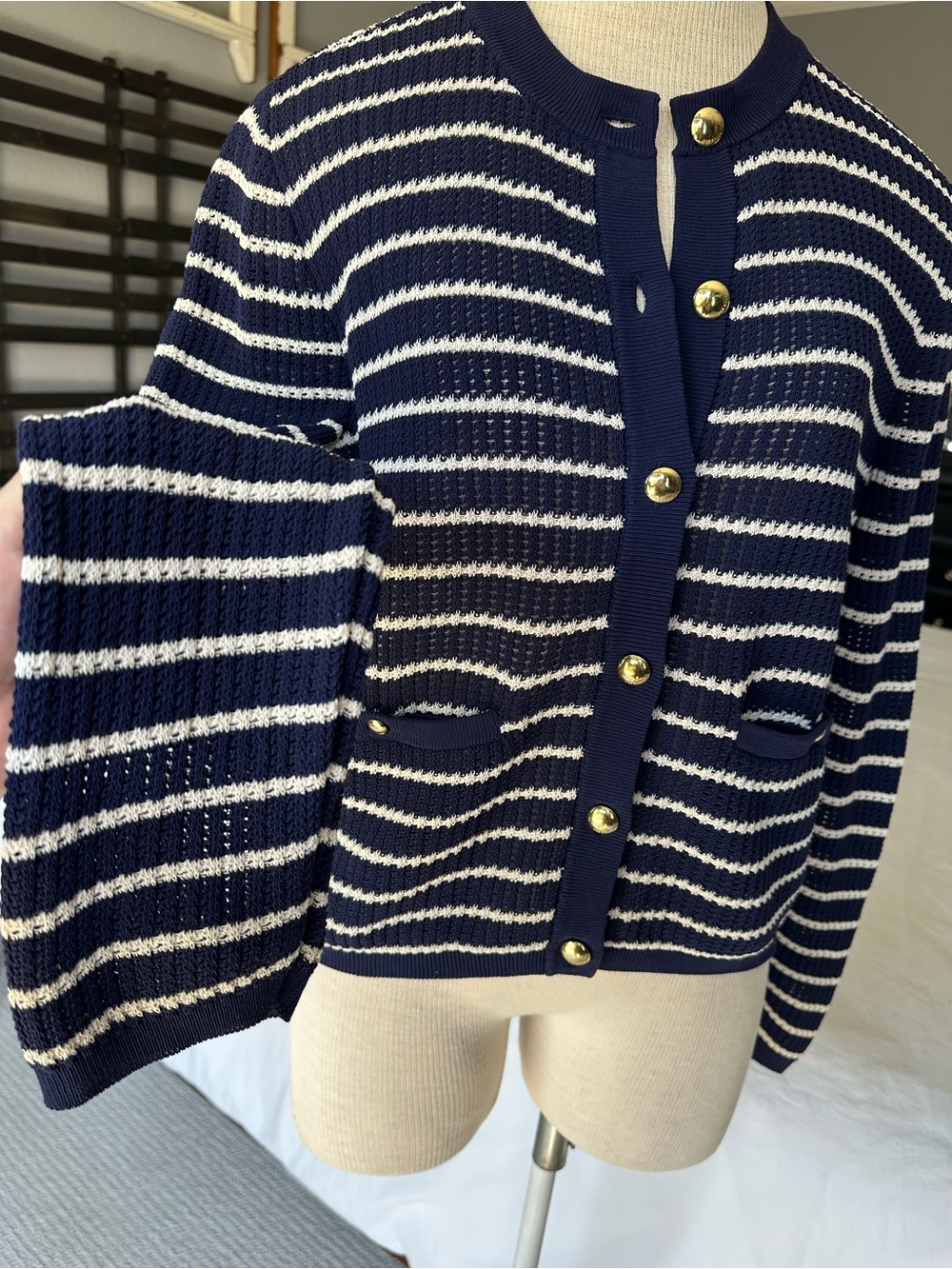rag & bone Navy and White Striped Gold-Button Cardigan, size medium - Picture 4 of 14